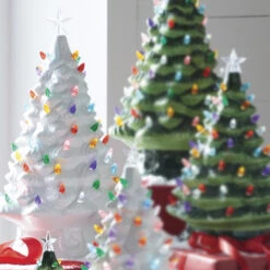 Raz 13" Vintage Lighted White Ceramic Christmas Tree With Timer 4119131