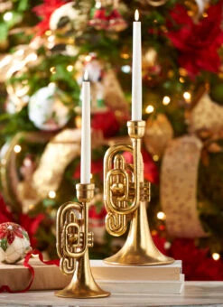 Raz Gold Horn Taper Christmas Candle Holders Set Of 2 4310185