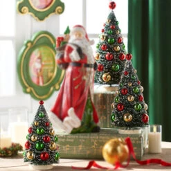 Raz 13" Frosted Bottle Brush Trees With Ornaments Christmas Figure 4316152