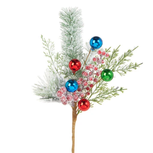 Raz 16" Snowy Pine And Multicolor Ball Ornament Christmas Tree Pick F4306722 - Image 2