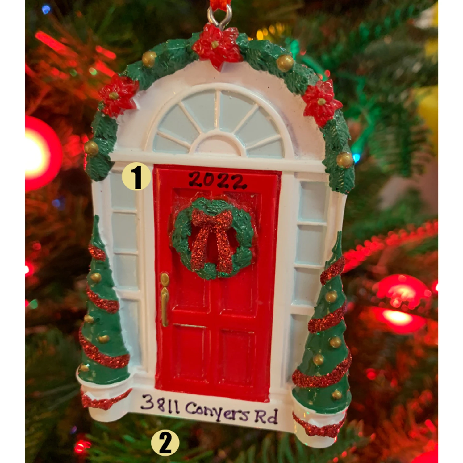 Red Door With Wreath Personalized Christmas Ornament OR2297 1 Red Door With Wreath Personalized Christmas Ornament OR2297