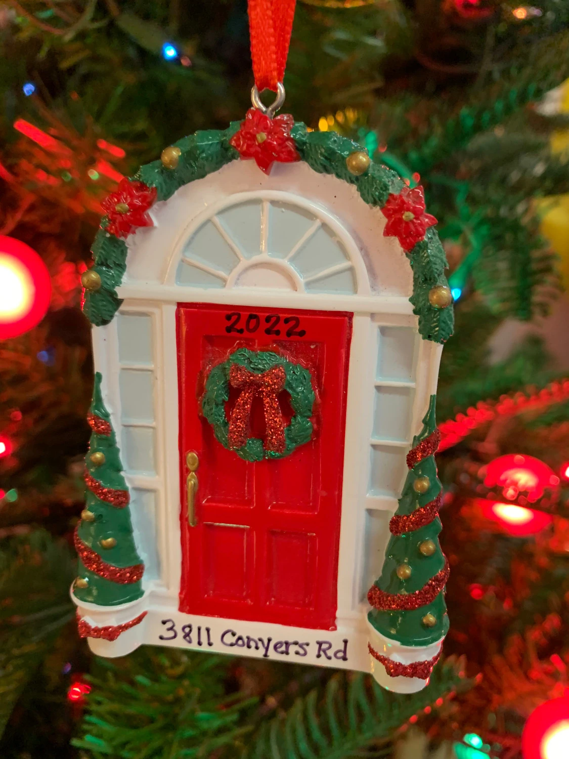 Red Door With Wreath Personalized Christmas Ornament OR2297 2 Red Door With Wreath Personalized Christmas Ornament OR2297 - Image 2
