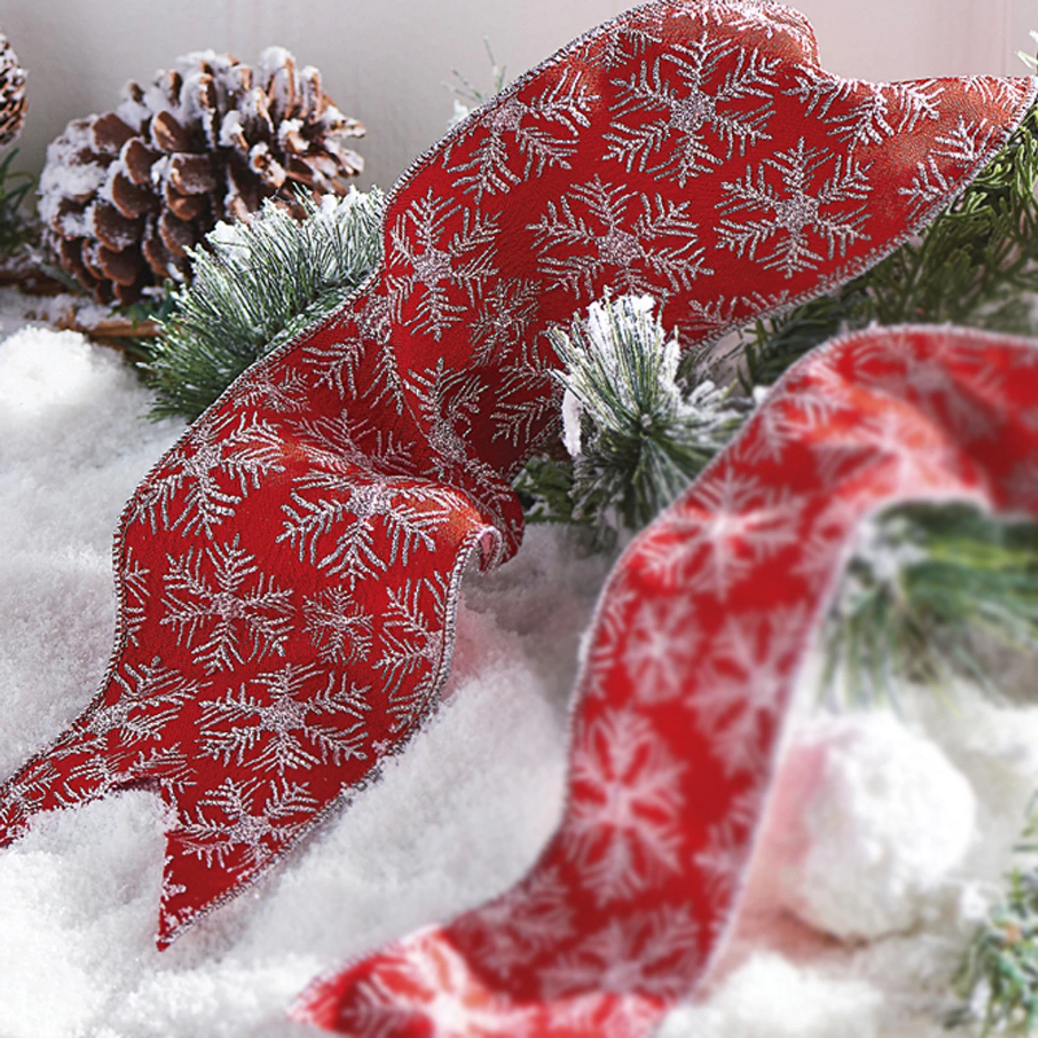 Raz 4" Red Snowflake Wired Christmas Ribbon R4127756 1 Raz 4" Red Snowflake Wired Christmas Ribbon R4127756