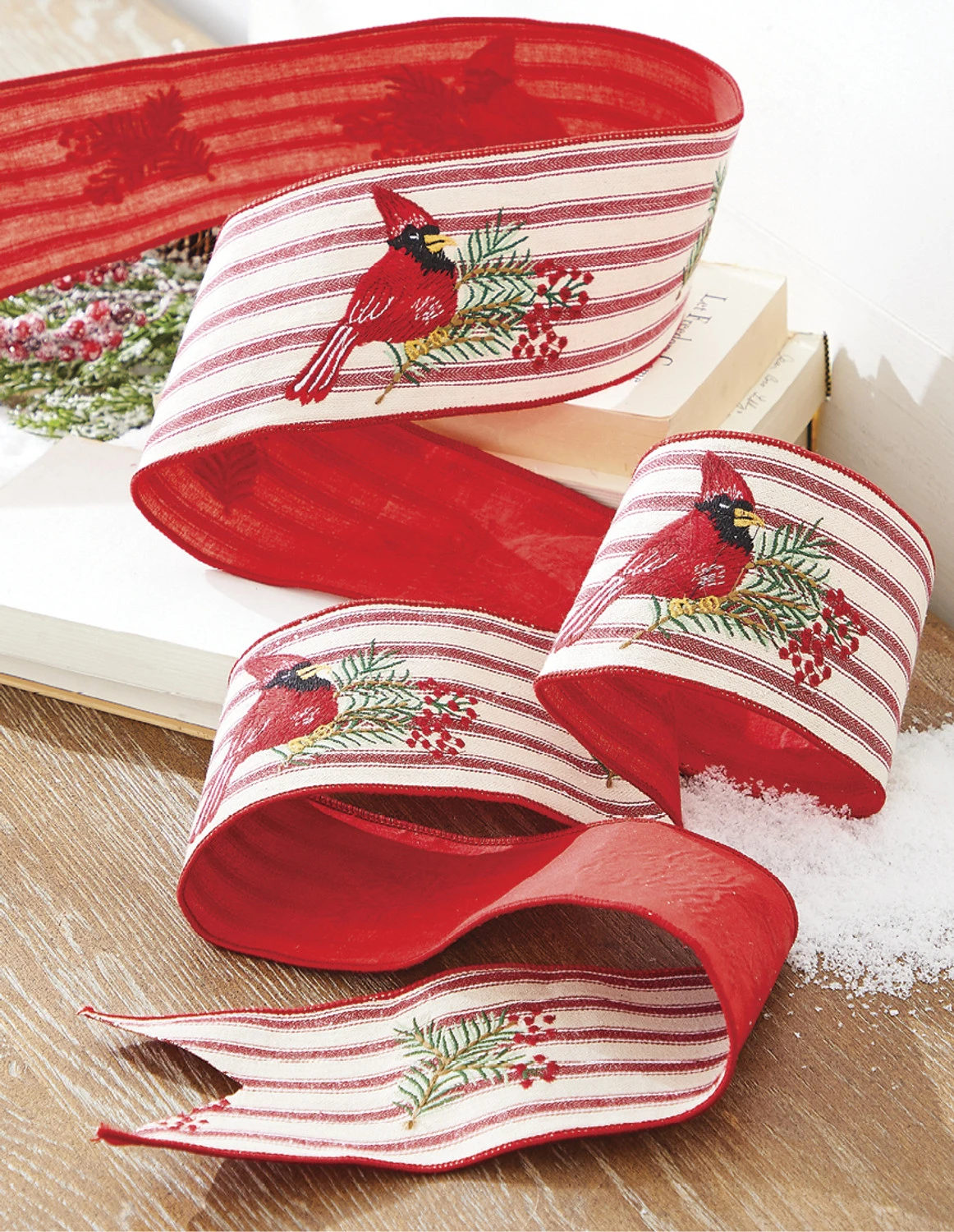 Raz 4" Ticking Stripe Cardinal Embroidered Wired Christmas Ribbon R4227725 1 Raz 4" Ticking Stripe Cardinal Embroidered Wired Christmas Ribbon R4227725