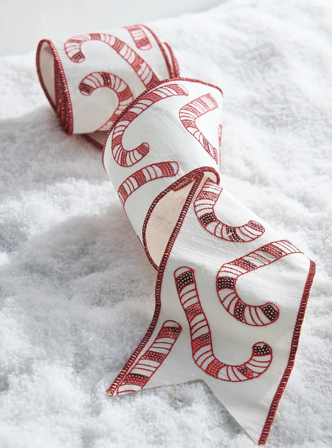 Raz 4" Candy Cane Sequined Wired Christmas Ribbon R4227728 1 Raz 4" Candy Cane Sequined Wired Christmas Ribbon R4227728