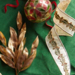 Raz 2.5" Ivory Holly Leaf Wired Christmas Ribbon R4327707