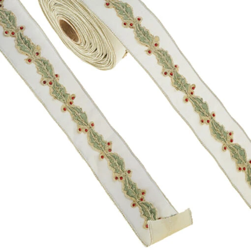 Raz 2.5" Ivory Holly Leaf Wired Christmas Ribbon R4327707 - Image 2