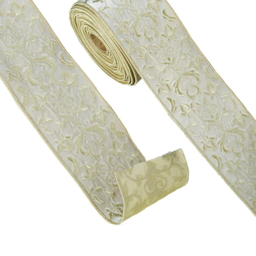 Raz 4" Embroidered Champagne Wired Christmas Ribbon R4371784 - Image 2