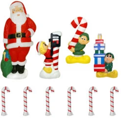 60" Santa And Elf 10 Piece Lighted Christmas Blow Mold Set
