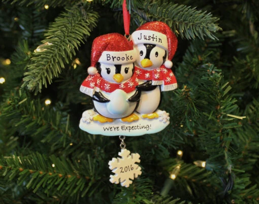 "We're Expecting" Penguin Couples Personalized Christmas Ornament - Image 2