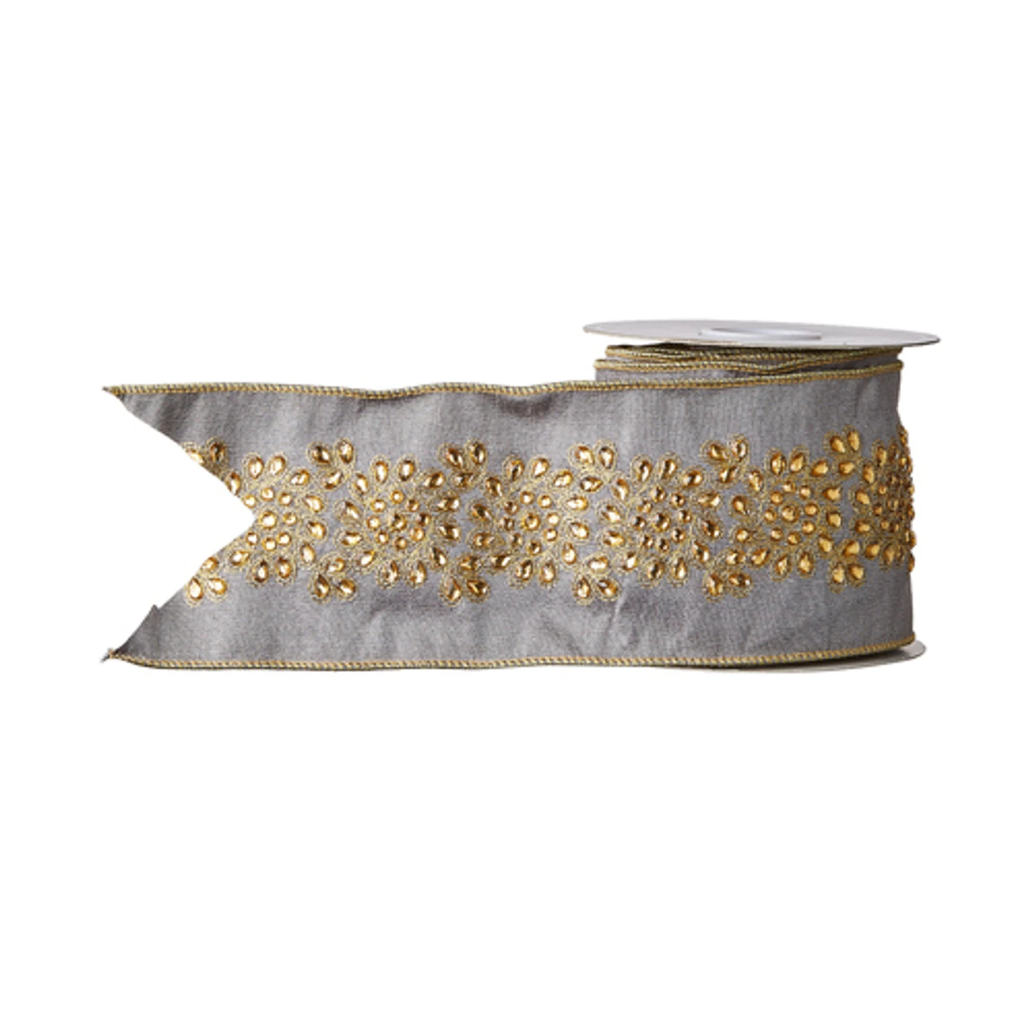 Raz 4" Grey And Gold Embroidered Wired Christmas Ribbon R4171868 2 Raz 4" Grey And Gold Embroidered Wired Christmas Ribbon R4171868 - Image 2