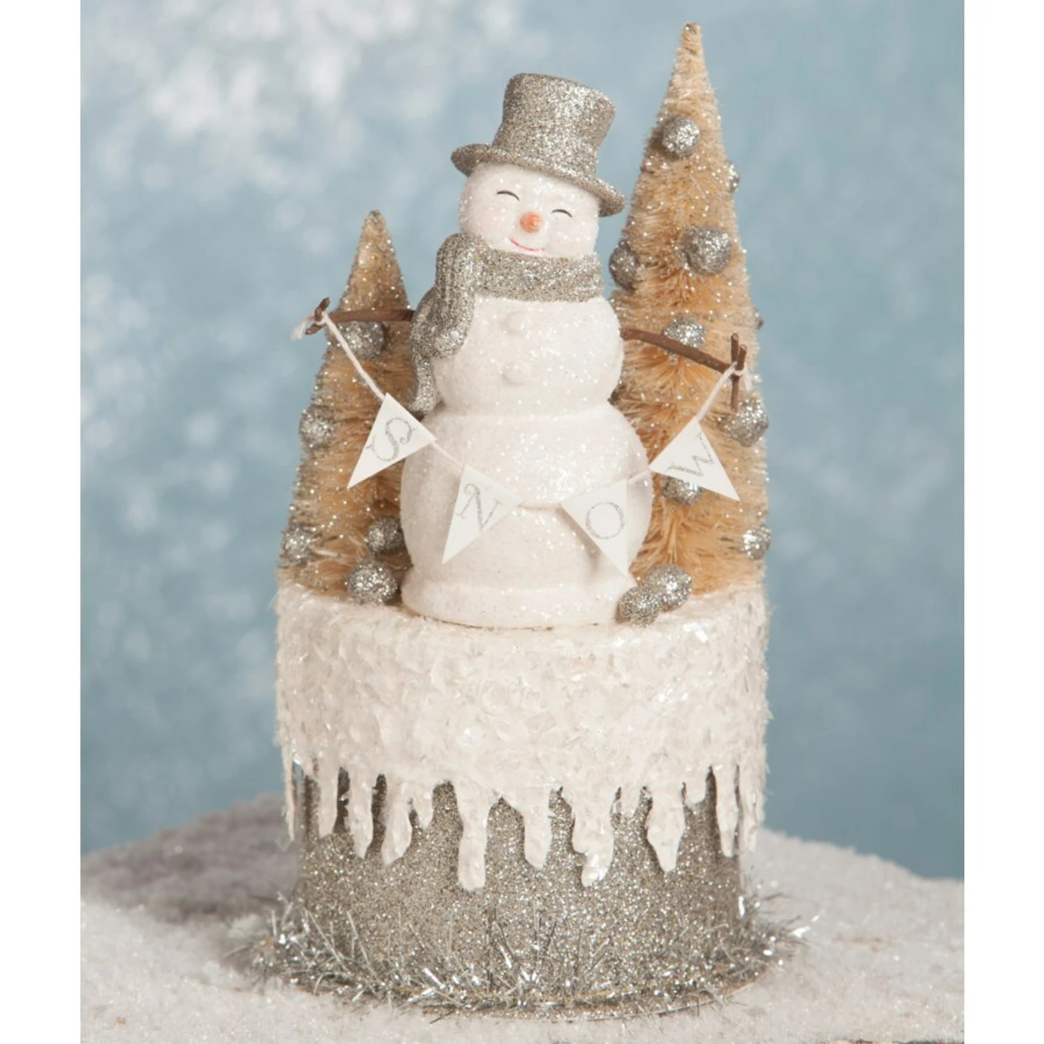 Bethany Lowe 8" Platinum Smiley Snowman On Box Christmas Decoration TL7825 1 Bethany Lowe 8" Platinum Smiley Snowman On Box Christmas Decoration TL7825