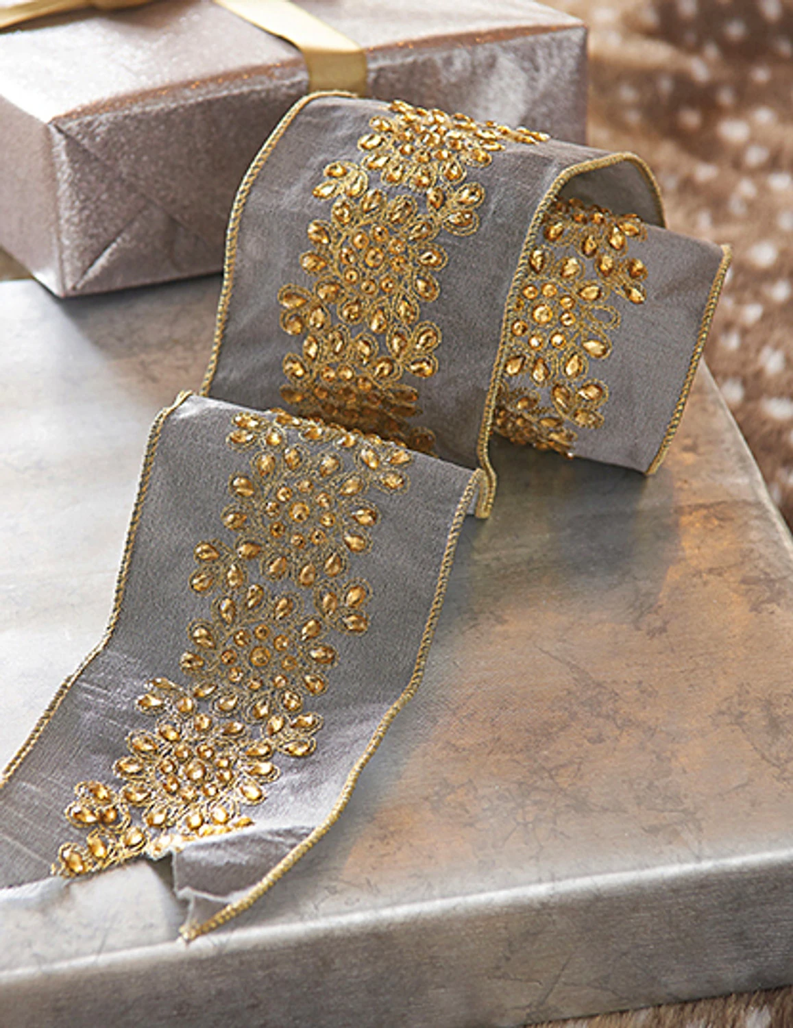 Raz 4" Grey And Gold Embroidered Wired Christmas Ribbon R4171868 1 Raz 4" Grey And Gold Embroidered Wired Christmas Ribbon R4171868