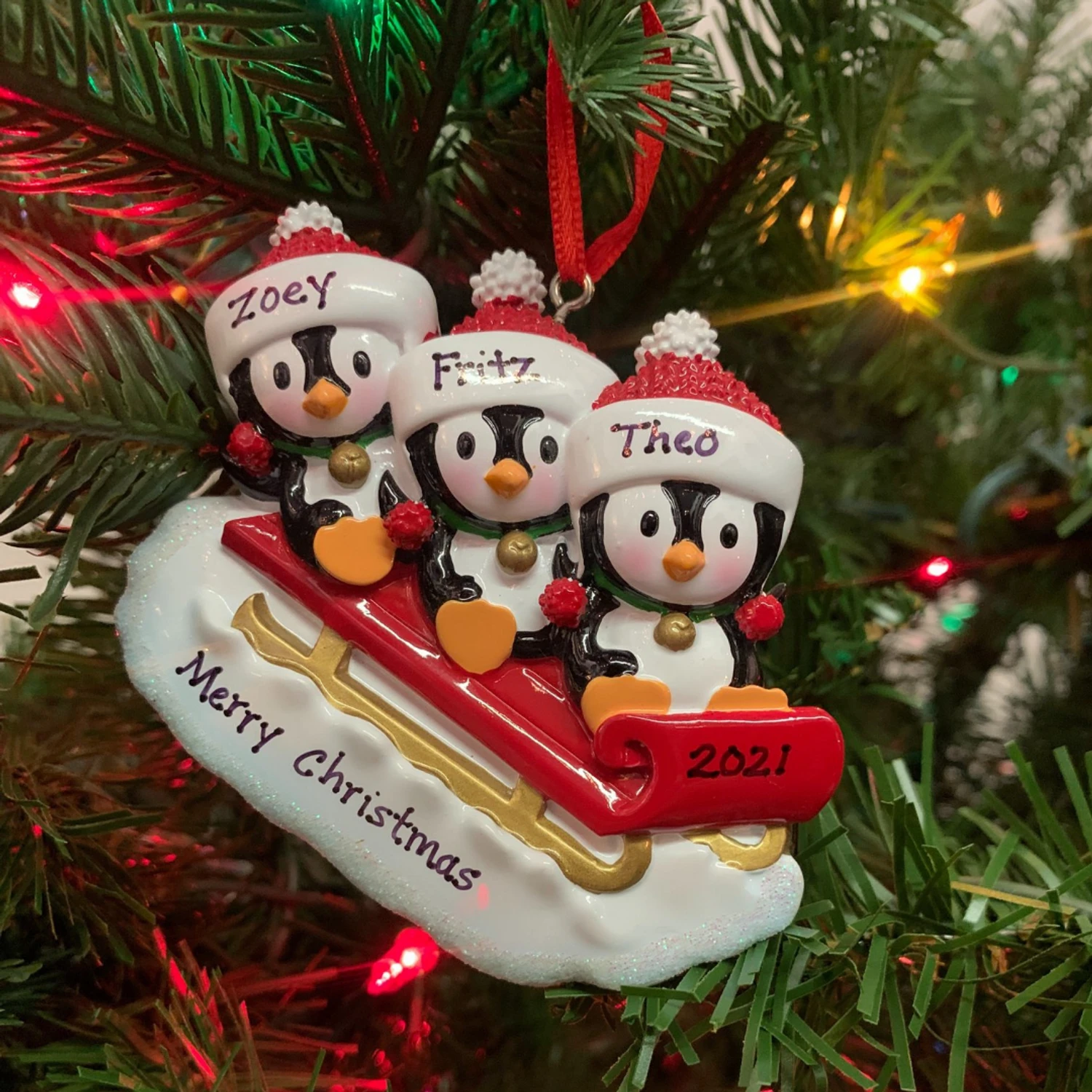 3.75" Family Of 3 Penguins On Sled Personalized Christmas Ornament OR1915-3 2 3.75" Family Of 3 Penguins On Sled Personalized Christmas Ornament OR1915-3 - Image 2