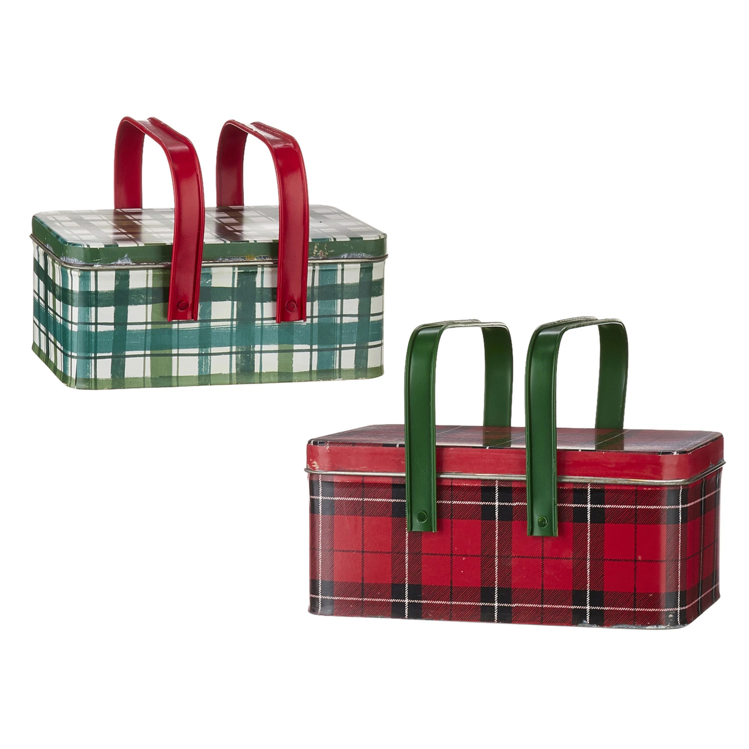 Raz 10.5" Set Of 2 Metal Plaid Handled Picnic Basket Christmas Decoration 4111234 2 Raz 10.5" Set Of 2 Metal Plaid Handled Picnic Basket Christmas Decoration 4111234 - Image 2