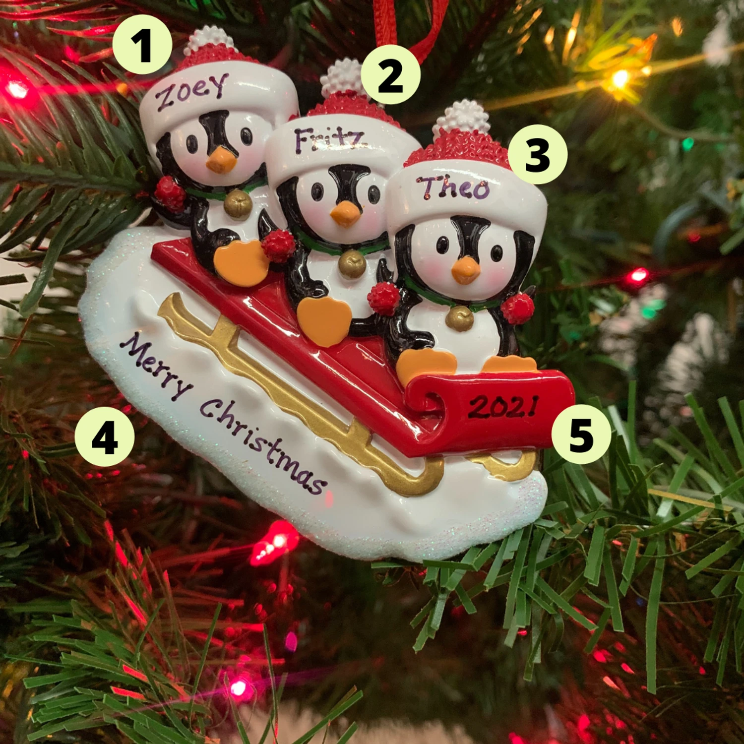 3.75" Family Of 3 Penguins On Sled Personalized Christmas Ornament OR1915-3 1 3.75" Family Of 3 Penguins On Sled Personalized Christmas Ornament OR1915-3